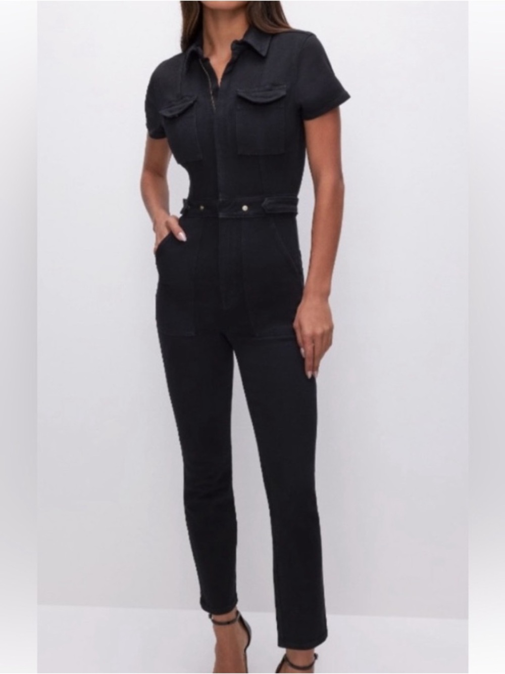 Good American Black Short-Sleeve Utility Jumpsuit